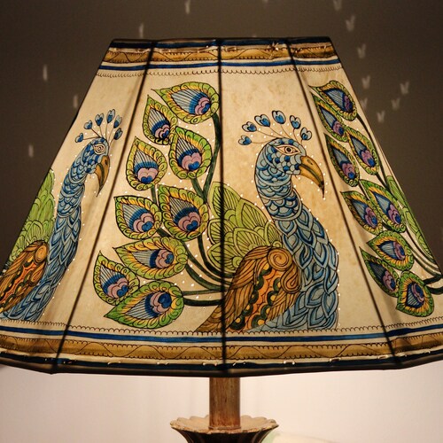 Painted Leather Lamp Shade Indian Peacock Design Handmade Etsy