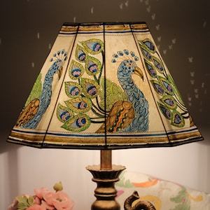 Painted Leather  Lamp shade Indian Peacock Design | Handmade Lamp shade| Table Lampshade | Lampshade H-10, W-16 inches