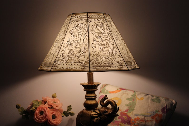 Stunning Plain Peacock Motif Handmade Lampshade / Hand Painted Leather Lampshade / Floor Lamp / Large Lamp Shade / Bedside Lamp image 5