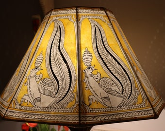 18"wide Classic Yellow Peacock  Floor Lampshade / Hand Painted Leather Lampshade / Floor Lamp / Large Lamp Shade