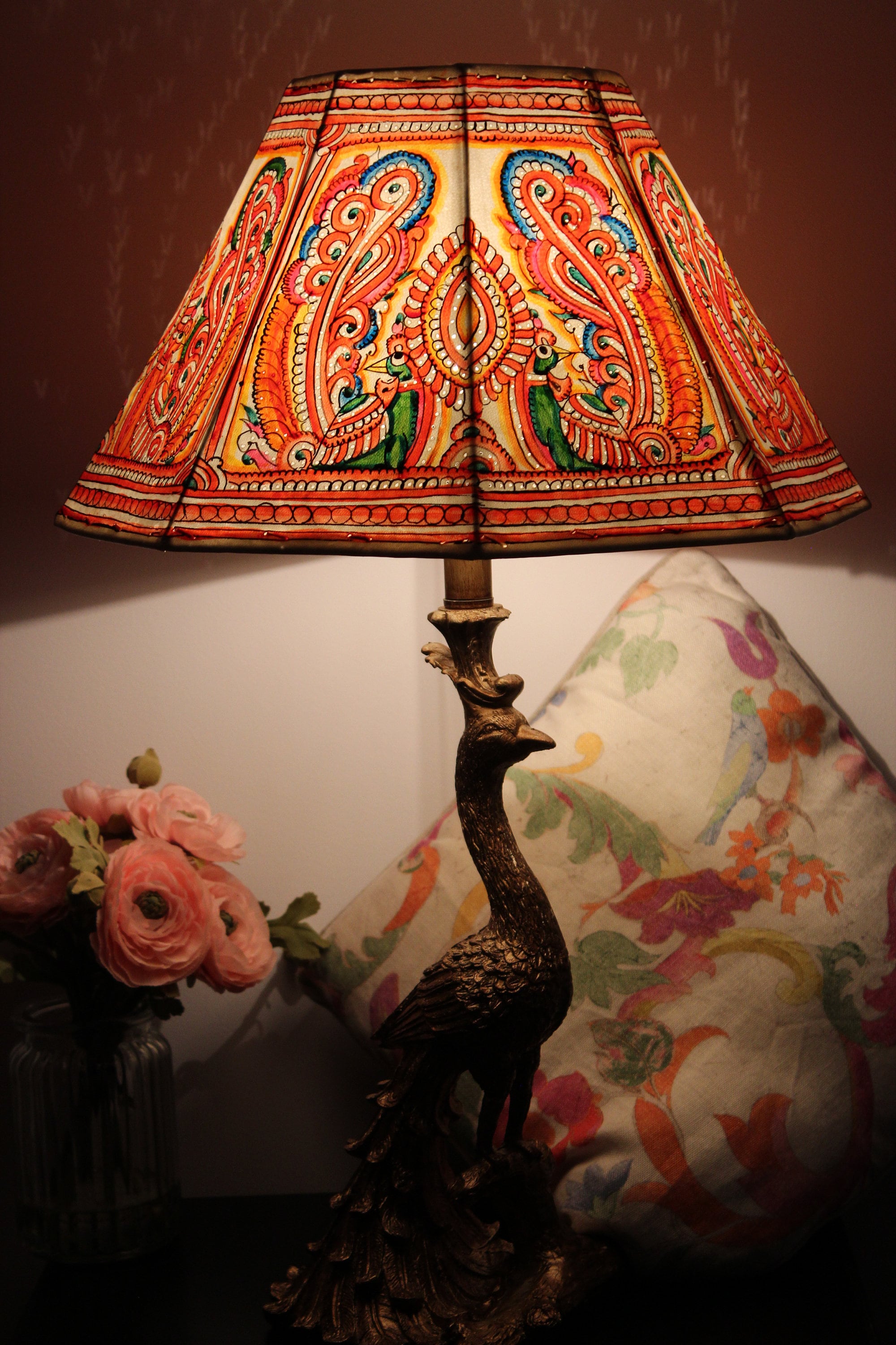 Peacock Floor Lamp Shade Large Hand Painted Leather Etsy UK