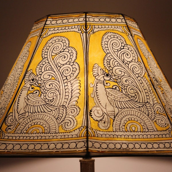 Yellow Floor Lampshade | Hand Painted Large Leather Lamp Shade | Indian Peacock Lampshade in Octagonal Shape #11