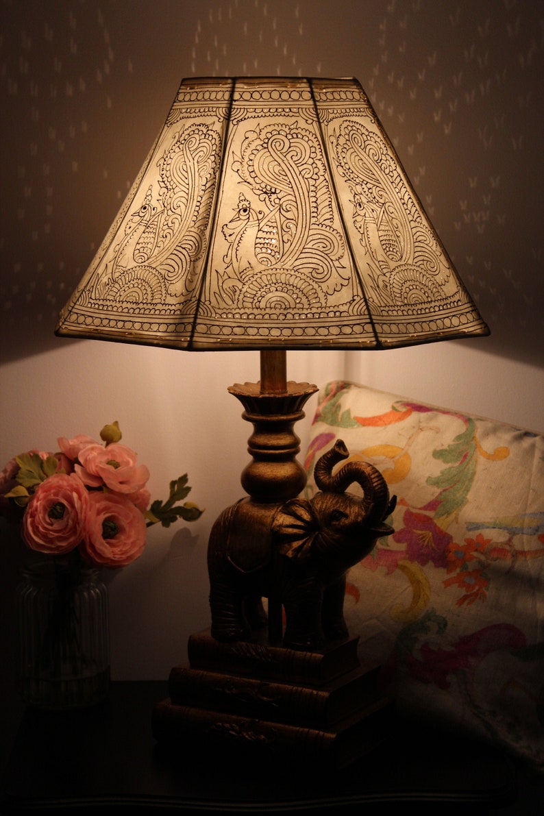 Stunning Plain Peacock Motif Handmade Lampshade / Hand Painted Leather Lampshade / Floor Lamp / Large Lamp Shade / Bedside Lamp image 2