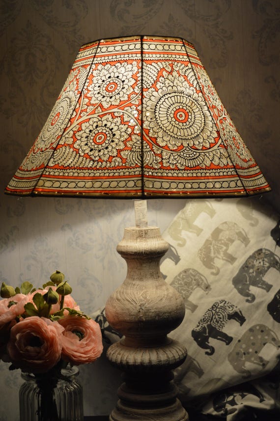 Mandala Large Floor Lampshade Leather Floral Lamp Shade Hand Painted in Amber Red Octagonal Lamp Shade H 10 W 16 Inches