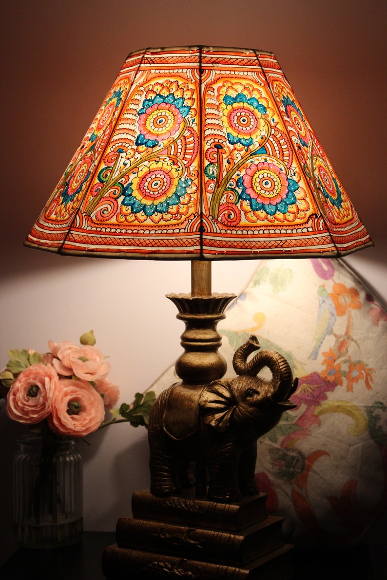 Large Floor Lamp Shade in Multi Colour Floral Pattern Handmade Leather Lampshade in Octagonal Shape H-10 and W-16 inches image 2