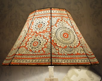 Mandala Large Floor Lampshade | Leather Floral Lamp Shade Hand Painted in Amber Red | Octagonal Lamp Shade - H - 10 W- 16 Inches
