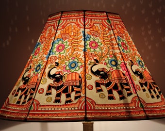 Painted Leather  Lamp shade Indian Elephant Design | Handmade Lamp shade| Table Lampshade | Lampshade H-10, W-16 inches