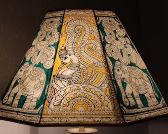 18"wide Teal and Yellow Floor Lampshade  / Hand Painted Leather Lamp shade / Floor Lamp / Large Lamp Shade