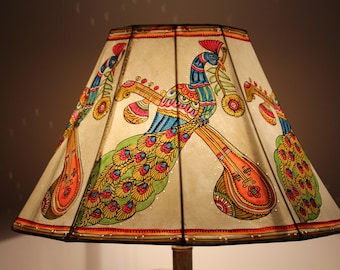 Peacock on Veena instrument- Table Lamp Shade Large | Hand Painted Leather Lampshade|H-10, W-16 inch