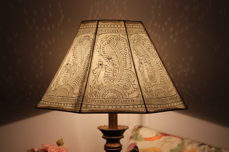 Stunning Plain Peacock Motif Handmade Lampshade / Hand Painted Leather Lampshade / Floor Lamp / Large Lamp Shade / Bedside Lamp image 4
