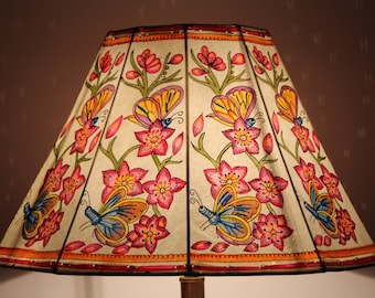 Spring flowers with Butterflies- Table Lamp Shade Large | Hand Painted Leather Lampshade|H-10, W-16 inch