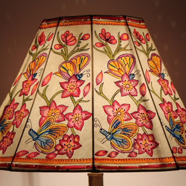 Spring flowers with Butterflies- Table Lamp Shade Large | Hand Painted Leather Lampshade|H-10, W-16 inch