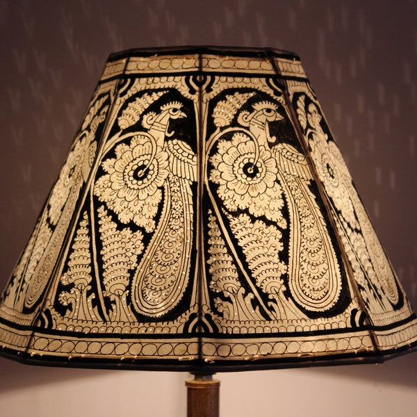 Vintage inspired Peacock design-Black Floor Lampshade / Hand Painted Leather Lamp shade