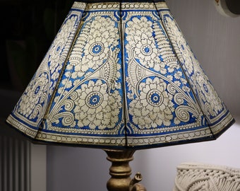 18"wide Blue floral motif  Floor Lampshade / Hand Painted Leather Lampshade / Floor Lamp / Large Lamp Shade /