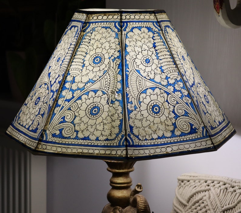 18wide Blue floral motif Floor Lampshade / Hand Painted Leather Lampshade / Floor Lamp / Large Lamp Shade / image 1