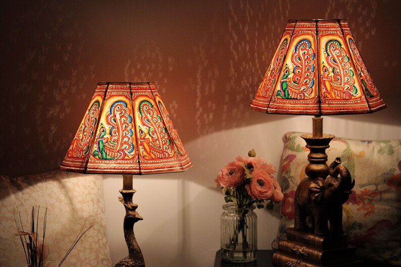 Peacock Themed Painted Lampshades X 2 / Leather Lampshades / Table lampshades / LAMPSHADES PAIR image 1