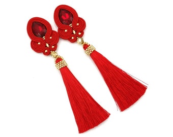 Red tassel earrings, red boho long earrings, red fringe earrings, clip-on extra long earrings, beadwork earrings, bohemian wedding jewelry