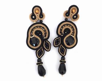 Golden earrings, black earrings,statement earrings, rhinestone earrings, drop earrings, long earrings, crystal earrings, clip on earrings