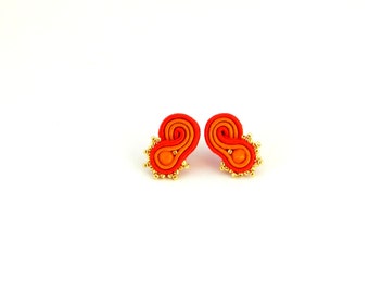 red orange earrings, stud earrings, golden earrings, office earrings, colorful earrings, soutache earrings, bohemian earrings, minimalist