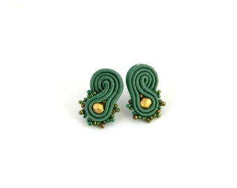 Green earrings, olive green earrings, soutache earrings, stud earrings, beaded earrings, office earrings, small earrings, bohemian jewelry