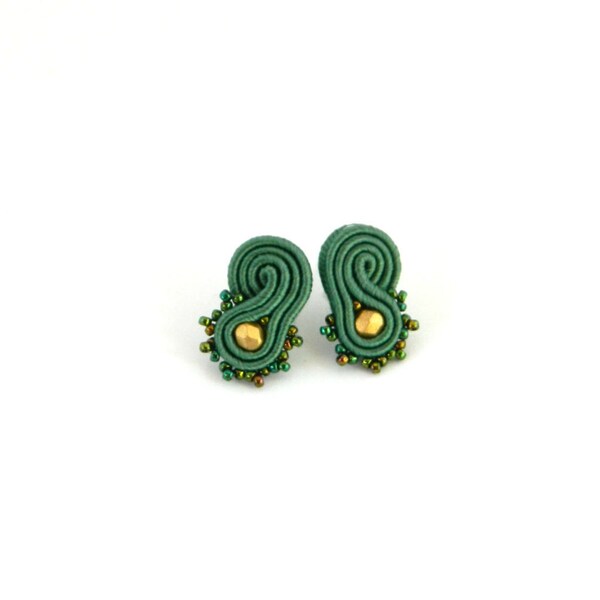 Green earrings, olive green earrings, soutache earrings, stud earrings, beaded earrings, office earrings, small earrings, bohemian jewelry