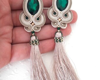 Tassel earrings, crystal earrings, boho earrings, long earrings, nude earrings green earrings, clip on earrings, gift for girlfriend