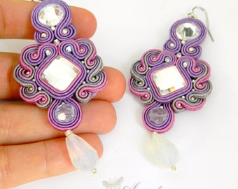 Purple statement earrings, Long dangle Earrings, Crystal Earrings, Wedding earrings, bridal earrings, valentine's gift, drop earrings,