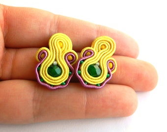 Yellow stud earrings, colorful earrings, soutache earrings, boho jewelry, embroidered jewelry, green earrings, small earings