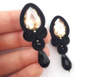 Classic earrings, Black drop earrings, boho earrings, black dangle earring, black crystal earrings, black and gold, rhinestone earrings