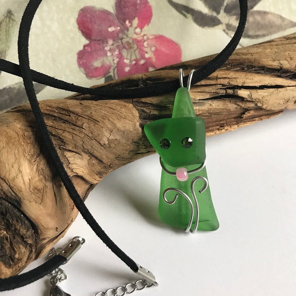 Green seaglass cat pendant on black suede cord, glass cat necklace, cat jewelry, suede cat necklace, cat gift