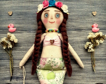 Mermaid art doll handmade fabric doll softie plush cloth doll art doll turquoise rag doll nursery decor room sea decor