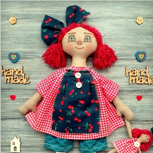 Raggedy Doll Mia ,cloth doll ,Primitive fabric soft doll,rag doll handmade art doll Raggedy Annie stuffed doll with red hair in a red dress