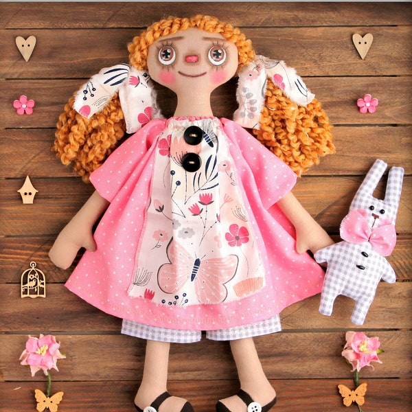 13 inches Primitive Raggedy Doll Mia fabric soft doll  rag doll cloth doll handmade doll