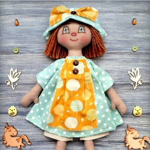 Fabric Primitive Raggedy Doll Molly rag doll ,stuffed cloth doll, handmade art doll, textile soft doll in a hat and mint dress