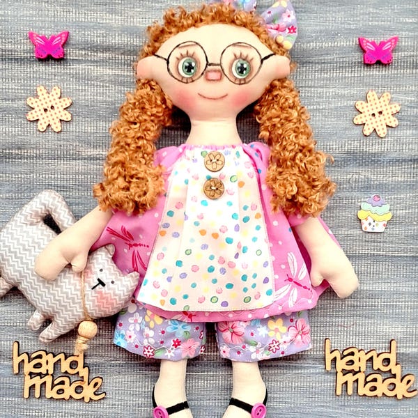 fabric soft doll ,Primitive Raggedy Doll Lily ,rag doll ,cloth doll handmade, art doll ,stuffed cloth doll, textile doll with glasses