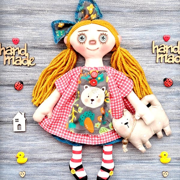 fabric soft doll Primitive Raggedy Doll Linda rag doll cloth doll handmade art doll handmade ,stuffed cloth doll, textile doll