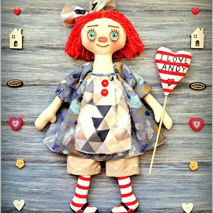 Fabric doll Annie Primitive handmade Raggedy Doll,stuffed cloth doll,art textile soft doll with red hair