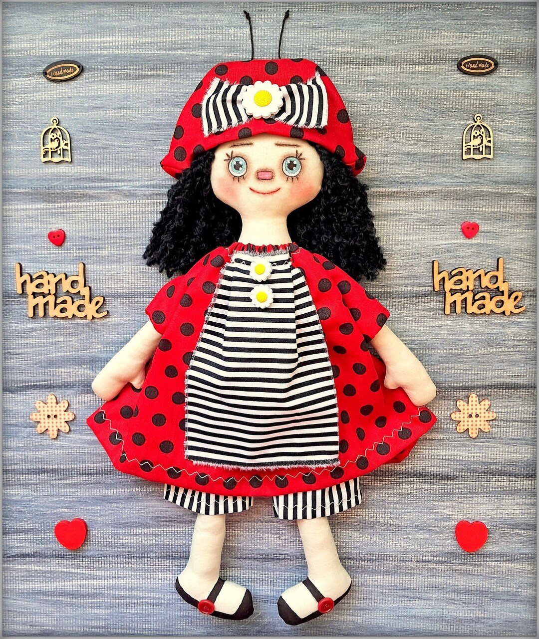 Ladybug Fabric Soft Doll Primitive Raggedy Doll Rag Doll Cloth Doll ...
