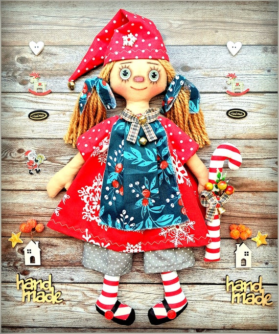 Christmas Fabric Doll ,primitive Raggedy Doll Sandy, Fabric Soft
