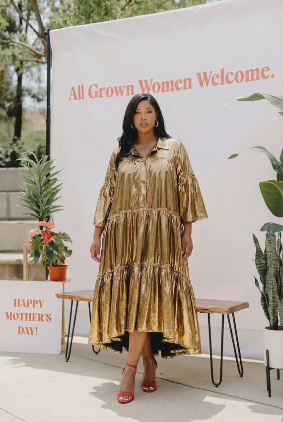 metallic gold dress plus size Tiered Maxi Dress, Statement Glam Duster Tunic Make your moment shine