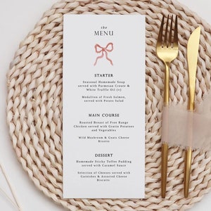 Pink Bow Menu Template - Wedding Menu Template - Ribbon Wedding Menu - Event Menu Instant Download - Coquette Menu
