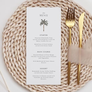 Szablon menu Palm Tree - Szablon menu weselnego - Menu weselne na plaży - Menu wydarzeń do pobrania natychmiast - Karta menu tropikalnego
