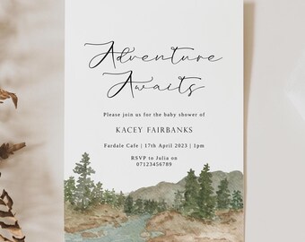 Baby Shower Invitation Template - Adventure Awaits Baby Shower Invite - Mountain Baby Shower - Forest Editable Baby Shower Invite -Printable