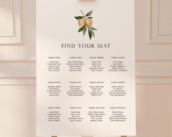 May include: A white wedding seating chart with a lemon illustration at the top. The chart is titled "Find Your Seat" and lists the names of guests assigned to each table.