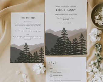 Puede incluir: Un conjunto de invitaciones de boda que incluye una invitación principal, una tarjeta de detalles y una tarjeta RSVP. Cada tarjeta muestra una ilustración de montañas y pinos en tonos grises y marrones. El texto incluye los nombres Lara y Danny, la fecha 17 de noviembre de 2024 y detalles de la ubicación.
