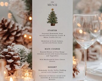 May include: A white menu card with a Christmas tree illustration and a list of food items for a holiday meal. The menu includes a starter, main course, and dessert. The text on the menu card reads: "the MENU, STARTER, Seasonal Homemade Soup served with Parmesan Croute & White Truffle Oil (v), Medallion of Fresh Salmon, served with Potato Salad, MAIN COURSE, Roasted Breast of Free Range Chicken served with Gratin Potatoes and Vegetables, Wild Mushroom & Goats Cheese Risotto, DESSERT, Homemade Sticky Toffee Pudding served with Caramel Sauce, Selection of Cheeses served with Garnishes & Assorted Cheese Biscuits."