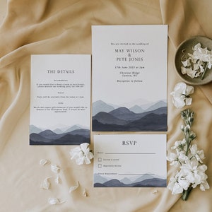 Modèle de faire-part de mariage Montagnes bleues - Faire-part de mariage montagne - Faire-part de mariage modifiable - Ensemble d'invitations montagne - Faire-part bleu