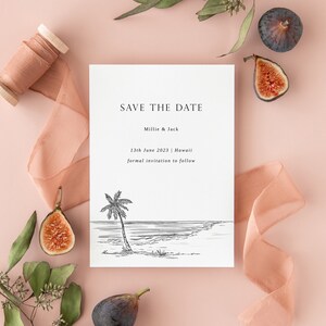 Plantilla de invitación para guardar la fecha en la playa - Plantilla para guardar la fecha en la playa - Plantilla para guardar la fecha en una boda de destino - Plantilla para guardar la fecha en una palmera - Plantilla digital