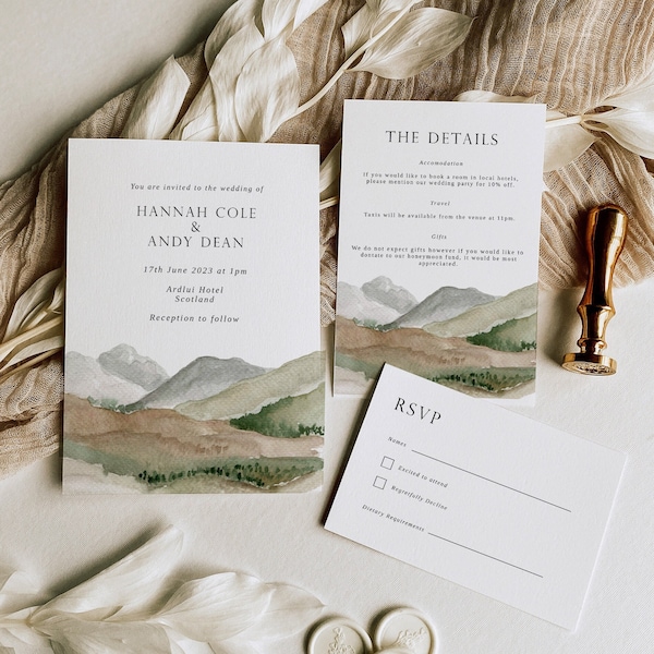 Wedding Invitation Template - Scottish Highlands Invite - Scotland Wedding Invitation - Watercolour Invite - Digital Wedding Invite - Hills
