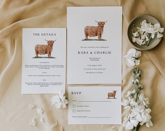 Wedding Invitation Template - Highland Cow Invite - Scottish Wedding Invitation - Scotland Wedding Invite set - Digital Wedding Invite